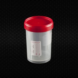 Pojemnik na mocz PP z czerwoną nakrętką, jałowy, Kod:331200, 200ml, 1szt