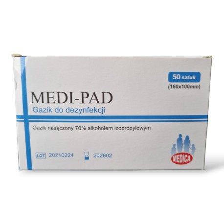 Kompres nasączony alkoholem 70%, gazik do dezynfekcji MEDI-PAD, 160x100mm 50szt/op