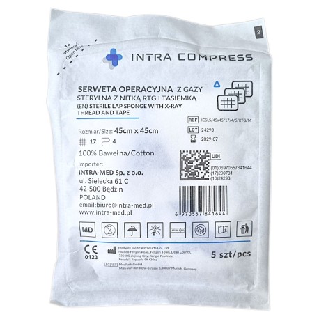 Serweta operacyjna z gazy z nitką RTG i tasiemką INTRA COMPRESS (45x45cm), 5szt./op.