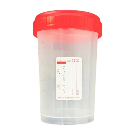 Pojemnik na mocz PP z czerwoną nakrętką, jałowy, Kod:331200, 200ml, 1szt