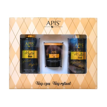 Apis MYSTIC OUD, Zestaw Świąteczny: żel pod prysznic 300ml + balsam 300ml + świeczka 70g